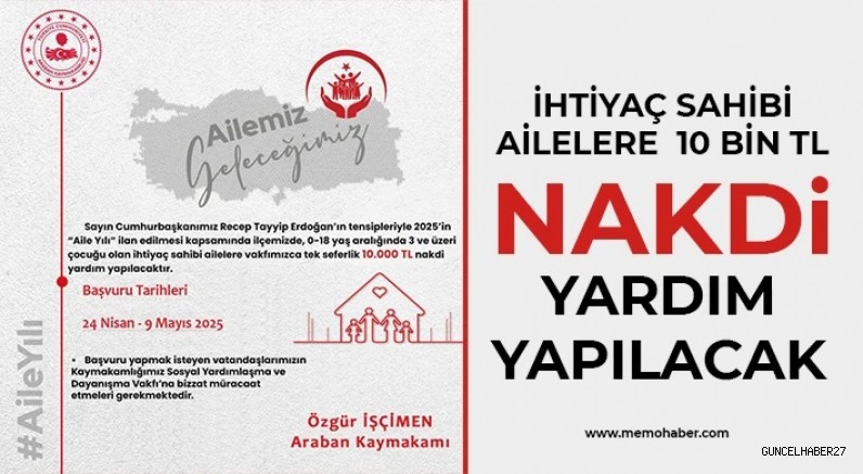 Araban’da İhtiyaç sahibi ailelere 10 bin TL nakdi yardım