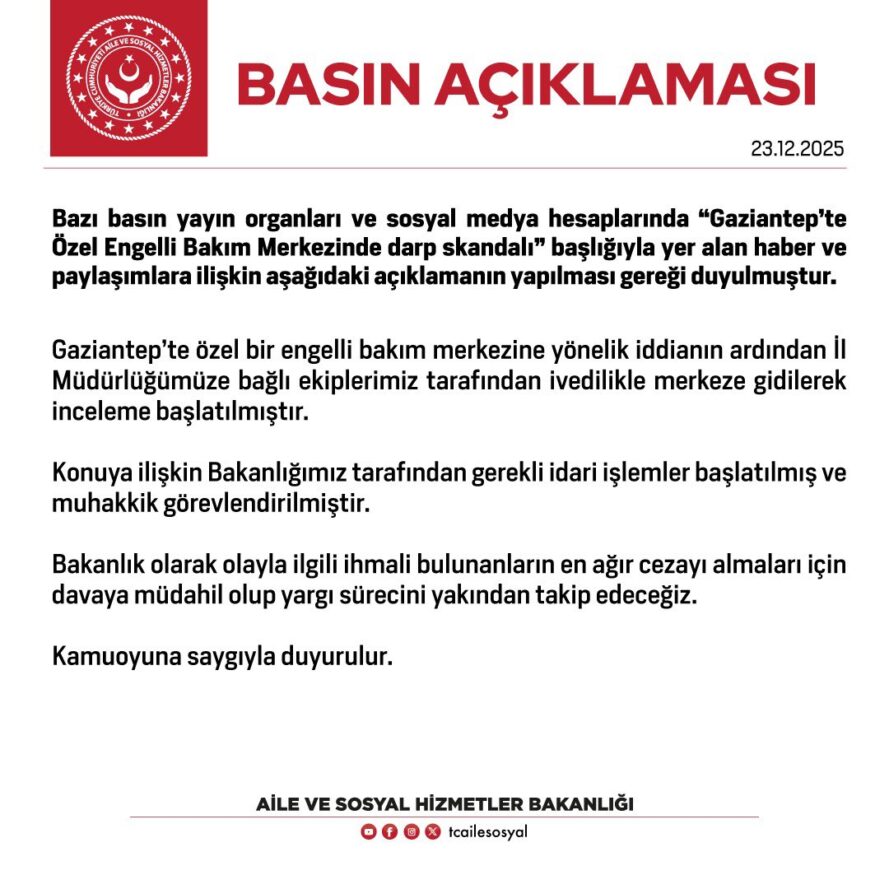AİLE VE SOSYAL HİZMETLER BAKANLIĞI BASIN AÇIKLAMASI