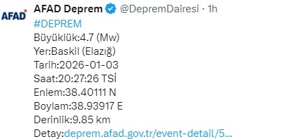 SON DAKİKA! ELAZIĞ’DA 4.7 ŞİDDETİNDE DEPREM MEYDANA GELDİ