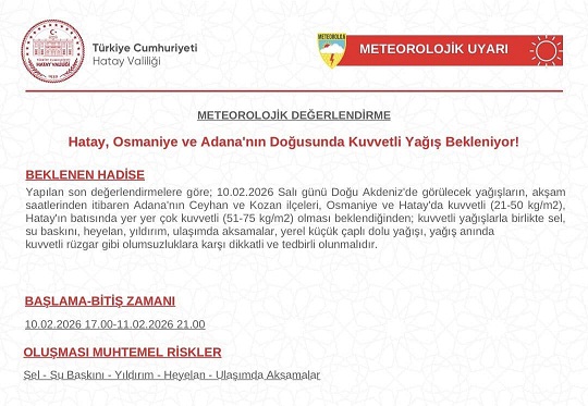 HATAY, OSMANİYE VE ADANA’NIN DOĞUSUNDA KUVVETLİ YAĞIŞ UYARISI