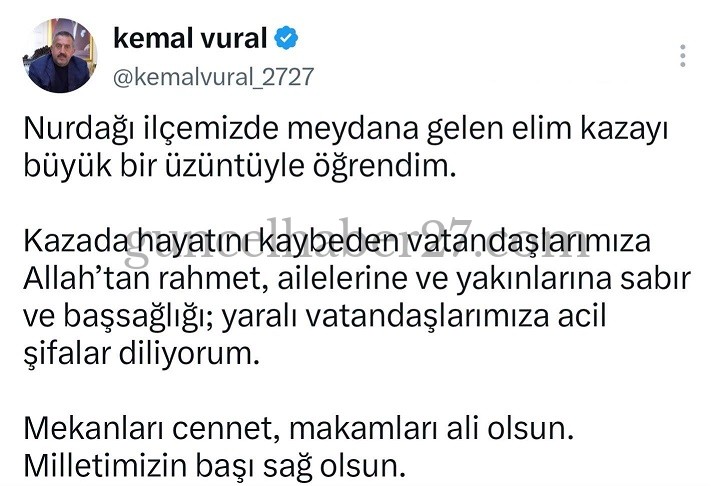 BAŞKAN VURAL’DAN ŞEHİTKAMİL’DEKİ KAZAYA BAŞSAĞLIĞI MESAJI