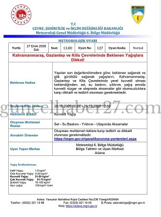 METEOROLOJİ’DEN KAHRAMANMARAŞ, GAZİANTEP VE KİLİS İÇİN KUVVETLİ YAĞIŞ UYARISI !